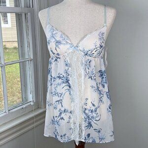 NWT Linea Donatella Floral Mesh Chemise Blue White Floral Lingerie Medium Bridal